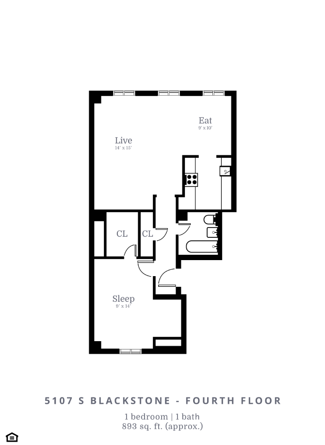 Floor plan for 1 bed, 1 bath, 893 sqft